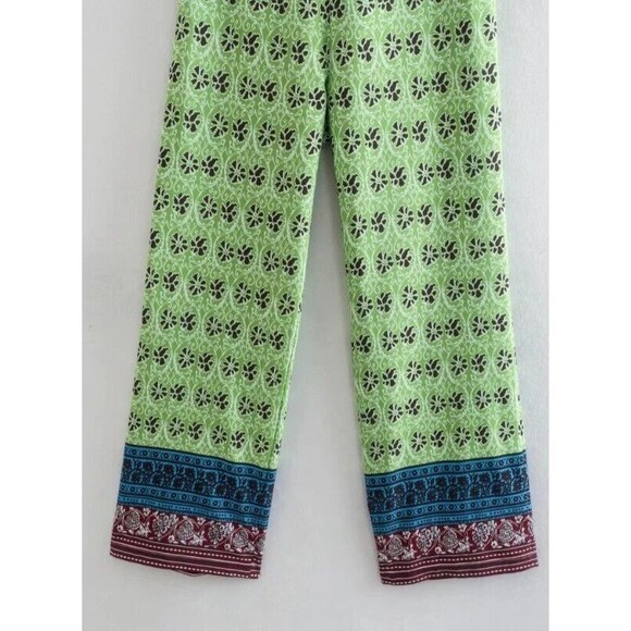 ZARA GREEN PRINT WIDE LEG AFRICAN MOTIF FLOWY BOHO PANT- M - Picture 5 of 6